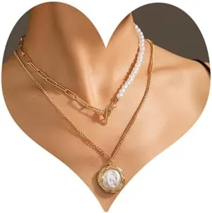 Wiwpar Layered Choker Necklace Gold Retro Fashion Pearl Pendant Necklaces Paper Clip Chain Necklace for Women