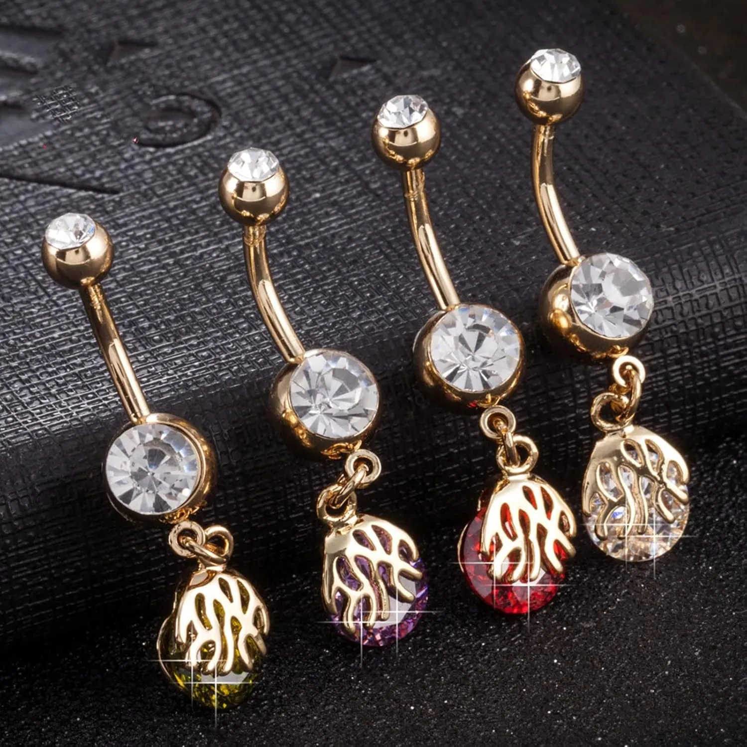 Women's Belly Rings, Stainless Steel Flame Pattern with Cubic Zirconia Navel Rings for Women