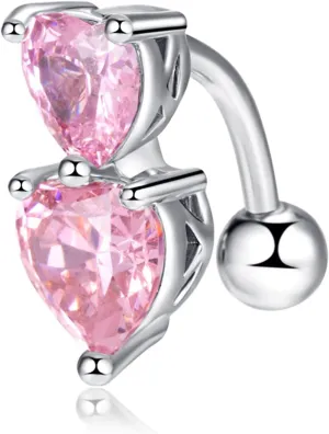Women's Belly Rings, Stainless Steel Two Heart Shape Cubic Zirconia Navel Rings for Women, Silver-Pink 2.9G