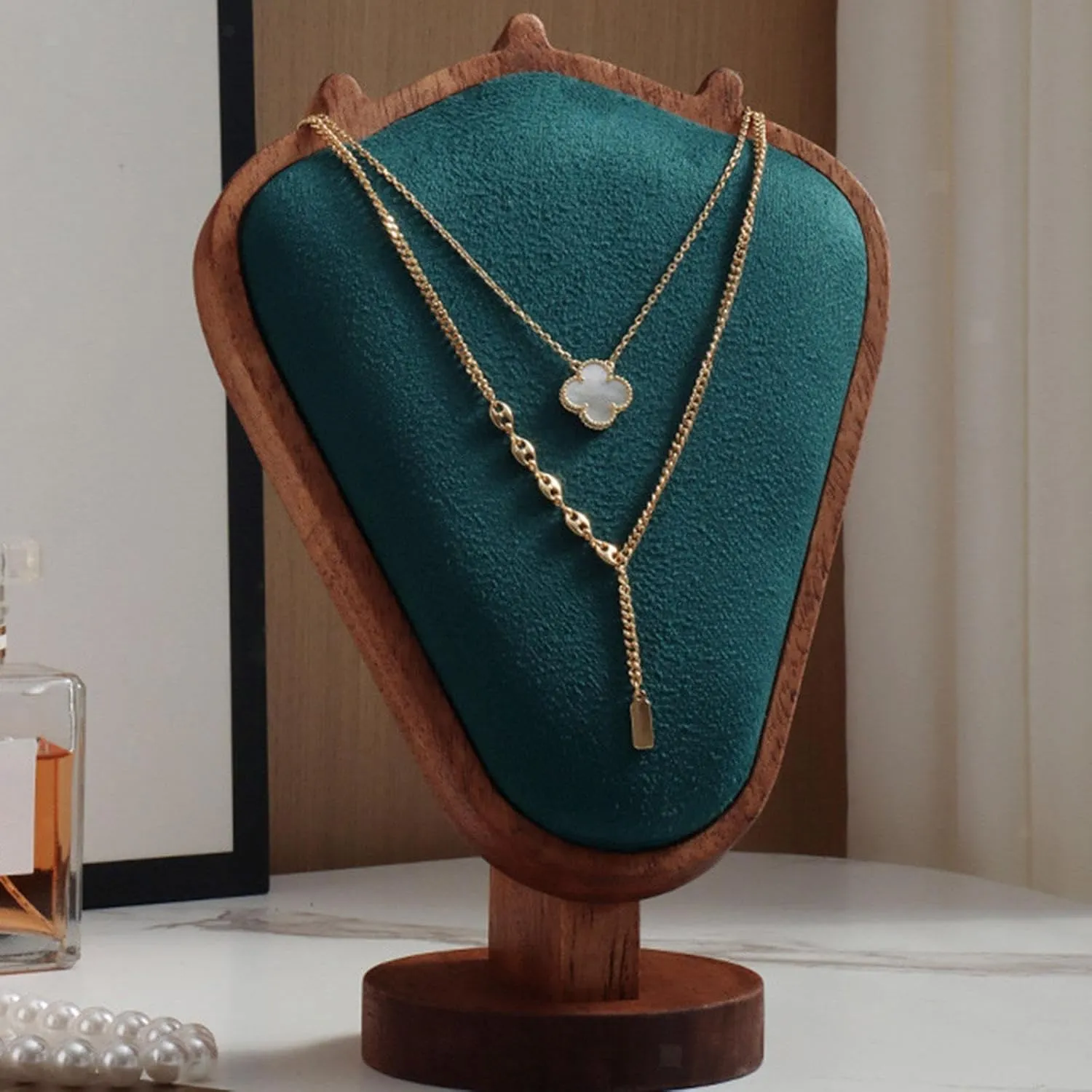 Wooden Jewelry Display Stand with Heart-Shaped Necklace - Perfect for Showcasing Fine Jewelry, Necklaces, and Earrings - Jewelry Display , Heart Shaped Necklace, Jewelry Organizer (DARK GREEN)