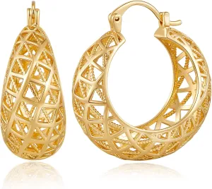 WOWORAMA Gold Filigree Hoop Earrings for Women 14K Gold Plated Thick Chunky Hoop Earrings Boho Vintage Filigree Earrings Wide Large Openwork Hoop Earrings