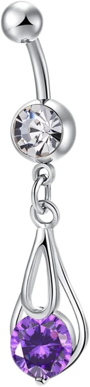 Wycian Navel Rings, Stainless Steel Belly Piercing Jewelry Belly Button Rings for Women Hollow Water Drop and Round Cubic Zirconia Belly Ring Purple