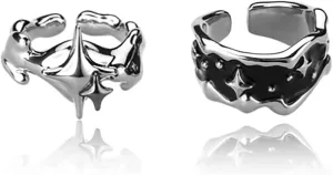 Y2k Moonstone Rings For Women Irregular Adjustable Open Ring Vintage Punk Grunge Gothic Goth Rhinestone Star Thorn Heart Cross Ring