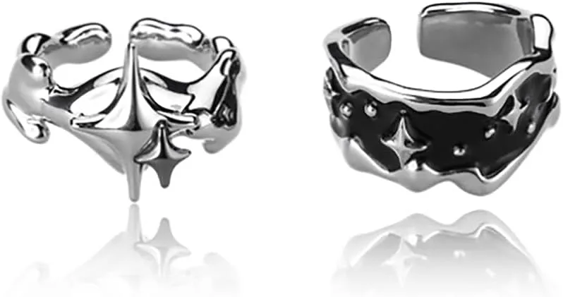Y2k Moonstone Rings For Women Irregular Adjustable Open Ring Vintage Punk Grunge Gothic Goth Rhinestone Star Thorn Heart Cross Ring