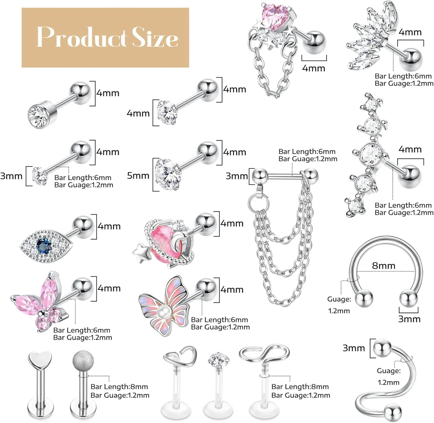 YADOCA 27Pcs 16G Cartilage Earrings For Women Men Tragus Piercing Jewelry Stainless Steel Conch Stud Hoop Earring Hypoallergenic Cz Butterfly Heart Evil Eye Cartilage Tragus Conch Helix Daith Piercing Jewelry