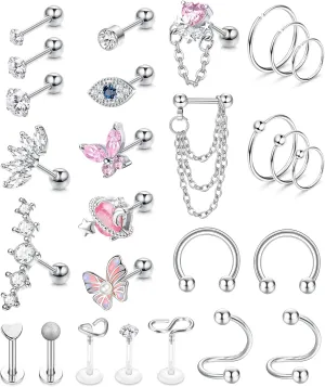 YADOCA 27Pcs 16G Cartilage Earrings For Women Men Tragus Piercing Jewelry Stainless Steel Conch Stud Hoop Earring Hypoallergenic Cz Butterfly Heart Evil Eye Cartilage Tragus Conch Helix Daith Piercing Jewelry
