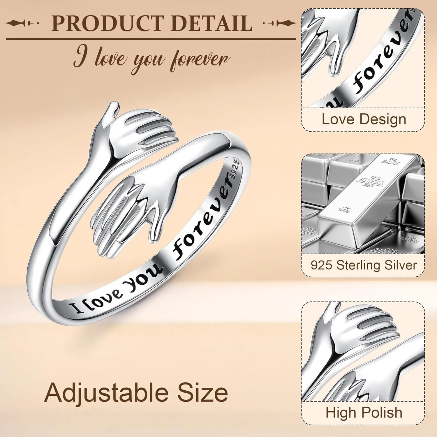 YADOCA 925 Sterling Silver Hug Ring for Women Men Adjustable Hugging Hands Open Love Promise Friendship Wedding Ring