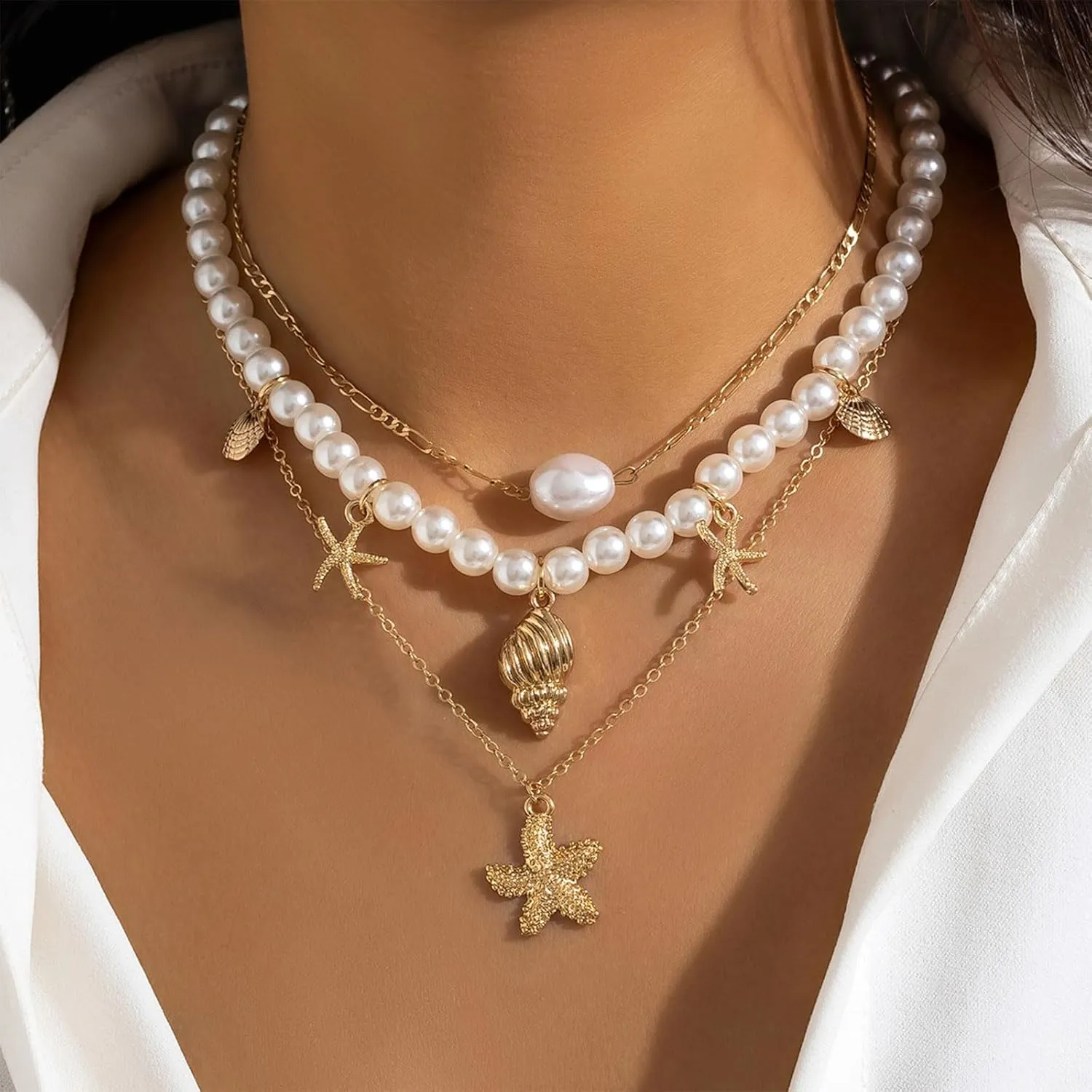 YANCHUN Shell Necklace Beach Jewelry for Women Sea Shell Necklace Layered Gold Shell Charm Necklaces Summer Outfits fwomen Beach Fashion 2025