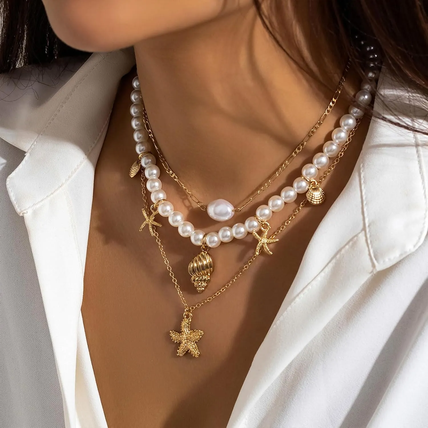 YANCHUN Shell Necklace Beach Jewelry for Women Sea Shell Necklace Layered Gold Shell Charm Necklaces Summer Outfits fwomen Beach Fashion 2025