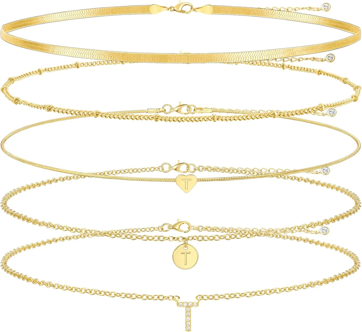 YEEZII 5 Pcs Gold Initial Necklaces Set for Women, 14K Gold Plated Personalized Letter Necklace, Dainty Layered Initial Necklace for Women Gift