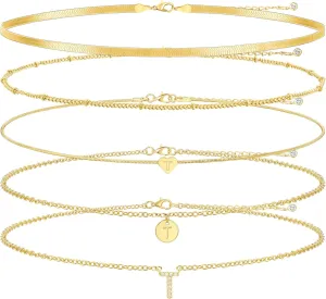 YEEZII 5 Pcs Gold Initial Necklaces Set for Women, 14K Gold Plated Personalized Letter Necklace, Dainty Layered Initial Necklace for Women Gift