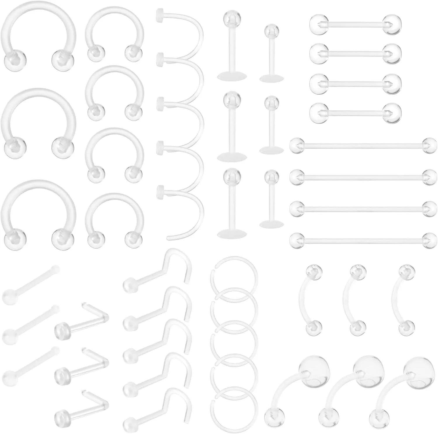 Yolev 48pcs Plastic Nose Rings, Clear Piercing Jewelry, Ear Nose Septum Lip Eyebrow Belly Button Rings