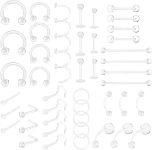 Yolev 48pcs Plastic Nose Rings, Clear Piercing Jewelry, Ear Nose Septum Lip Eyebrow Belly Button Rings