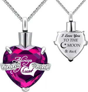 YOUFENG Urn Necklaces for Ashes Always in My Heart Heart Cremation Jewelry Memorial Pendant Birthstone Necklace