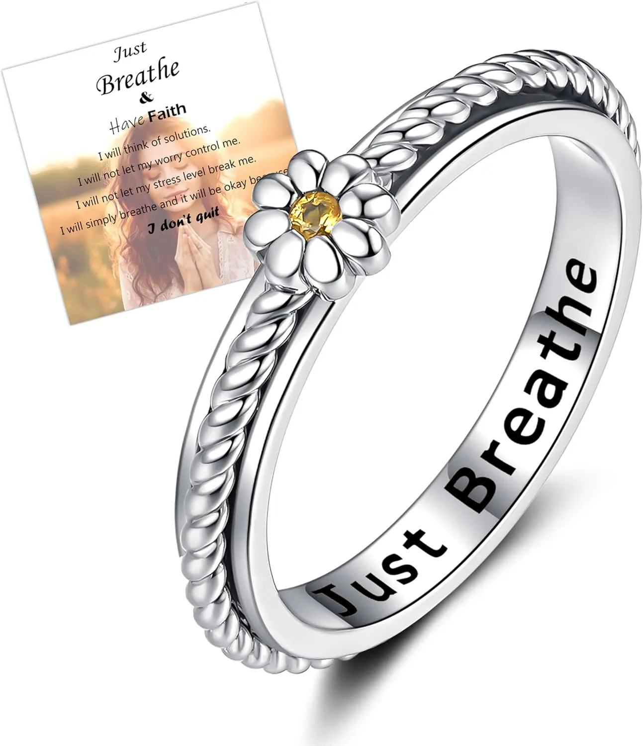 ZOEXUE Sterling Silver Daisy Spinner Rings with Just Breathe Flower Fidget Ring ADHD Stress Rotation Ring Inspirational Jewelry Gifts for Size 5-10
