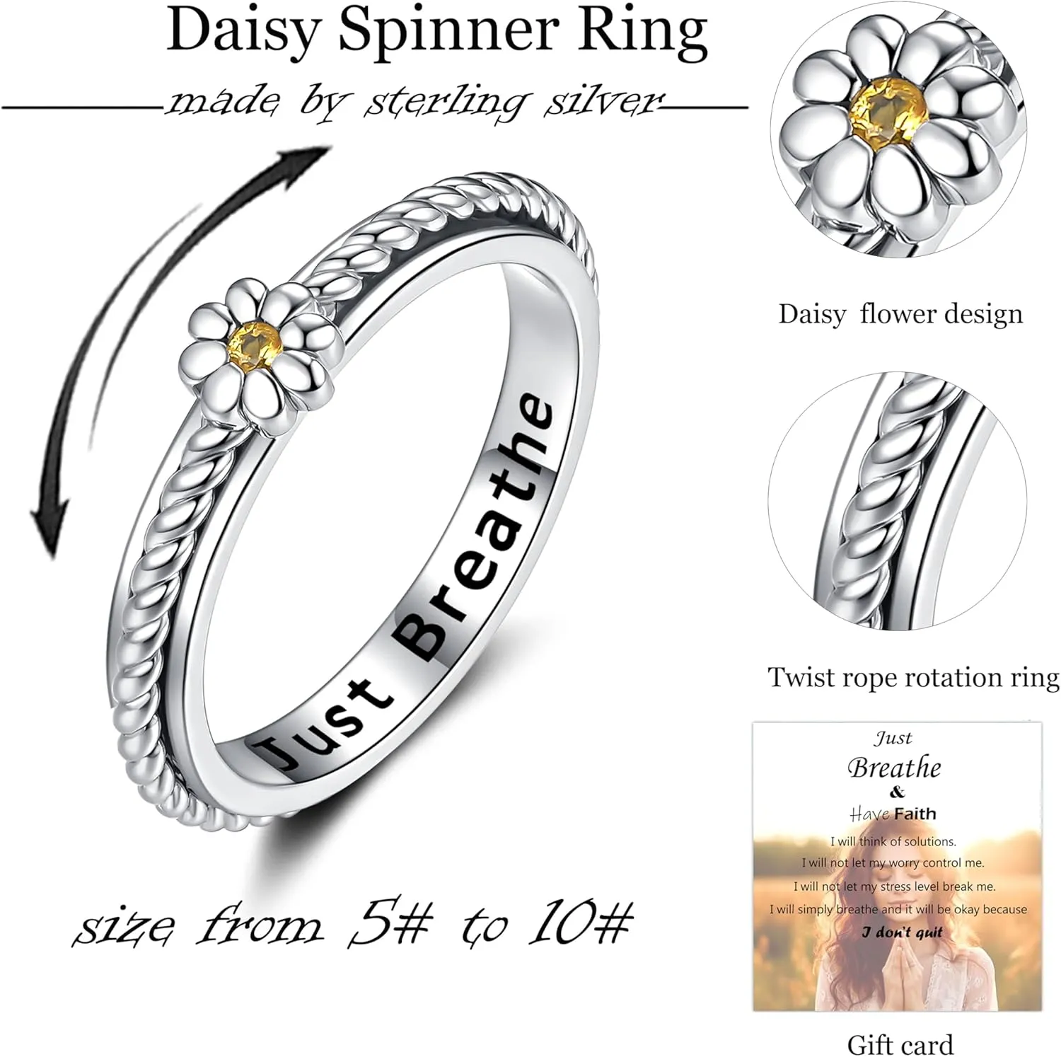ZOEXUE Sterling Silver Daisy Spinner Rings with Just Breathe Flower Fidget Ring ADHD Stress Rotation Ring Inspirational Jewelry Gifts for Size 5-10