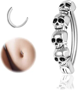 ZS 14G Skull Clicker Belly Button Rings for Women, 925 Sterling Silver Punk Belly Barbell Piercing Reverse Curved Navel Barbell Body Jewelry